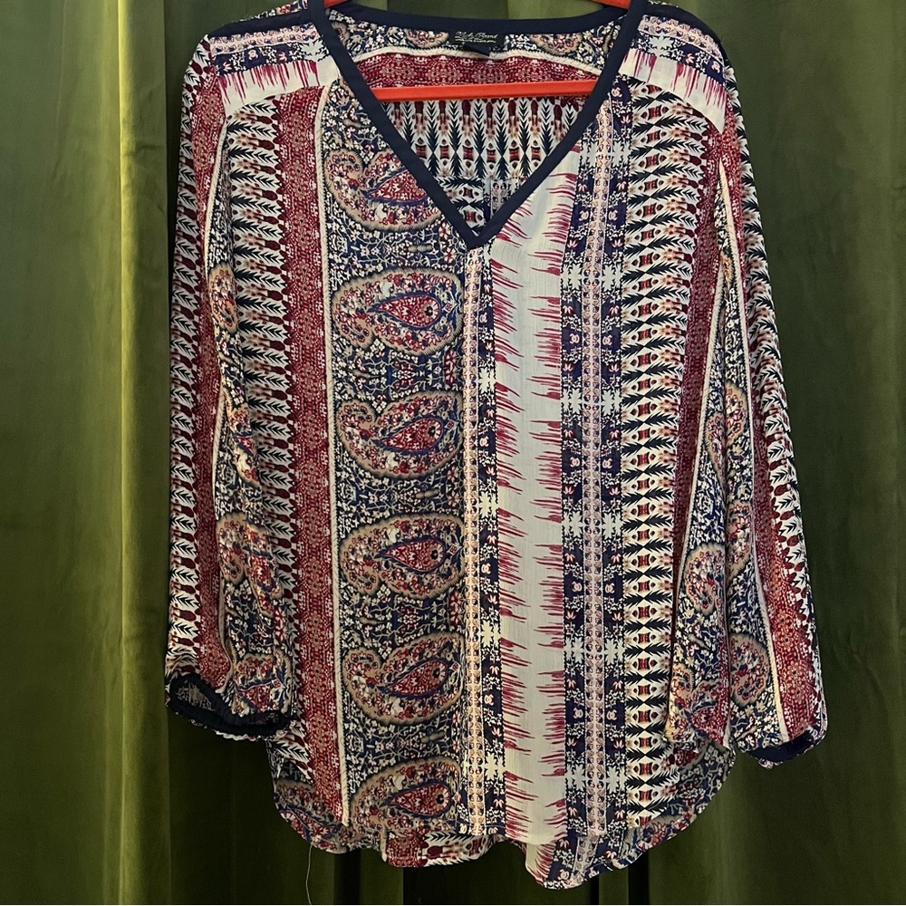 Lucky Brand Blue & Burgundy V-Neck Blouse Size XL